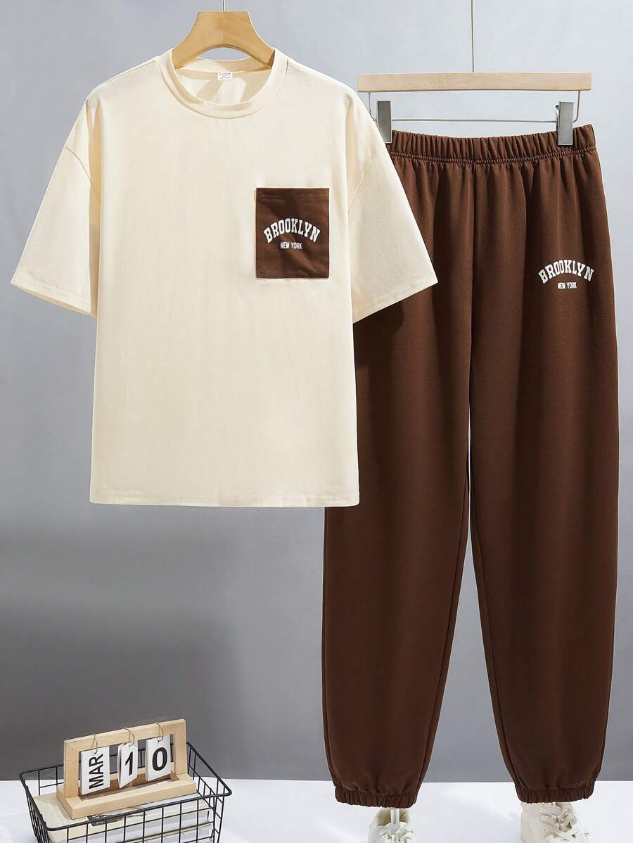 SHEIN 2pcs Teen Boys Casual Short Sleeve Top And Long Pants Set, Streetwear Punk Rock Preppy Style Suitable For Everyday, Party, Music Festival Wear In Spring/Summer