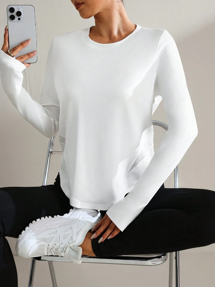 SHEIN Sport Studio Top casual da donna a girocollo bianco tinta unita a maniche lunghe, per uso quotidiano