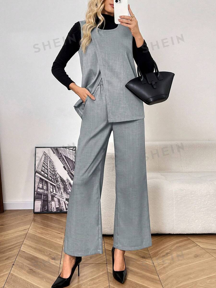 Calvaya Conjunto de 2 piezas de top sin mangas asimétrico con cuello redondo y pantalones de pierna ancha de talle alto, casual y de moda, versátil para otoño e invierno
