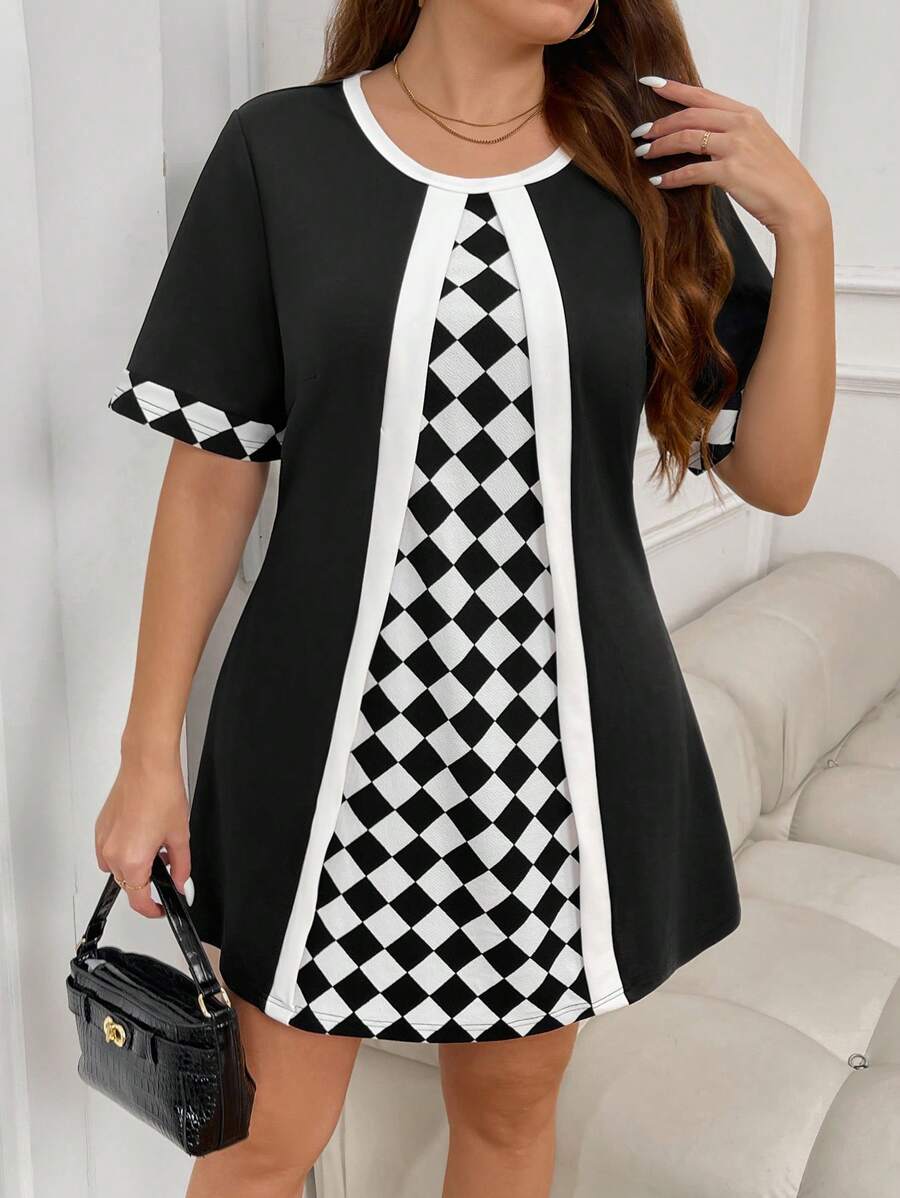 SHEIN Clasi Plus Size Geometric Patchwork Round Neck Short Sleeve Casual Mini Dress For Summer