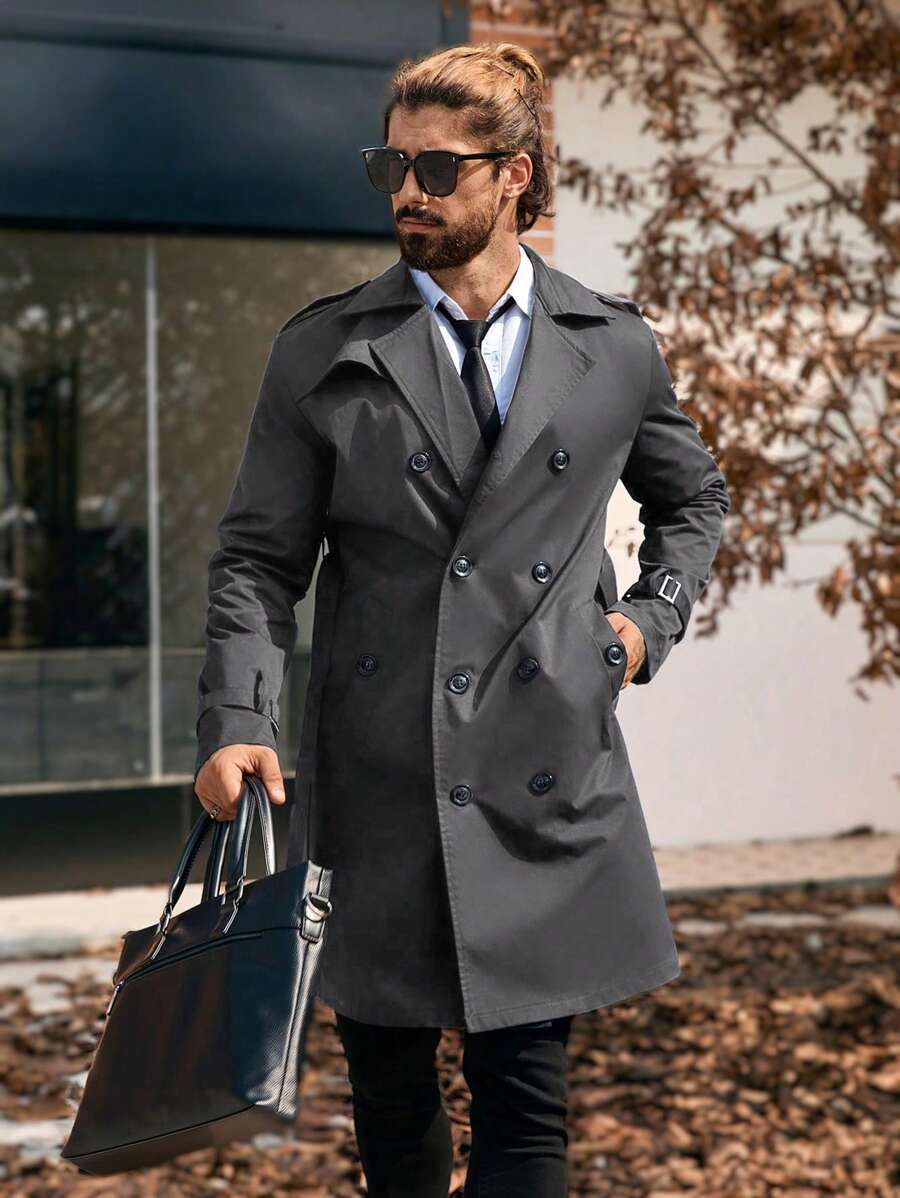 Manfinity CasualCool Men's Solid Color Double-Breasted Pocket Long Sleeve Trench Coat,Fall Men Clothes,Blue Trench Coat,Gifts For Boyfriend