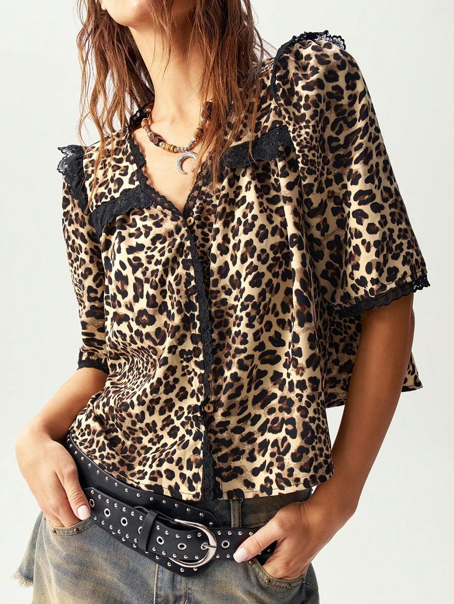Bohemela Casual Chiffon Leopard Print V-Neck Puff Sleeve Blouse For Women