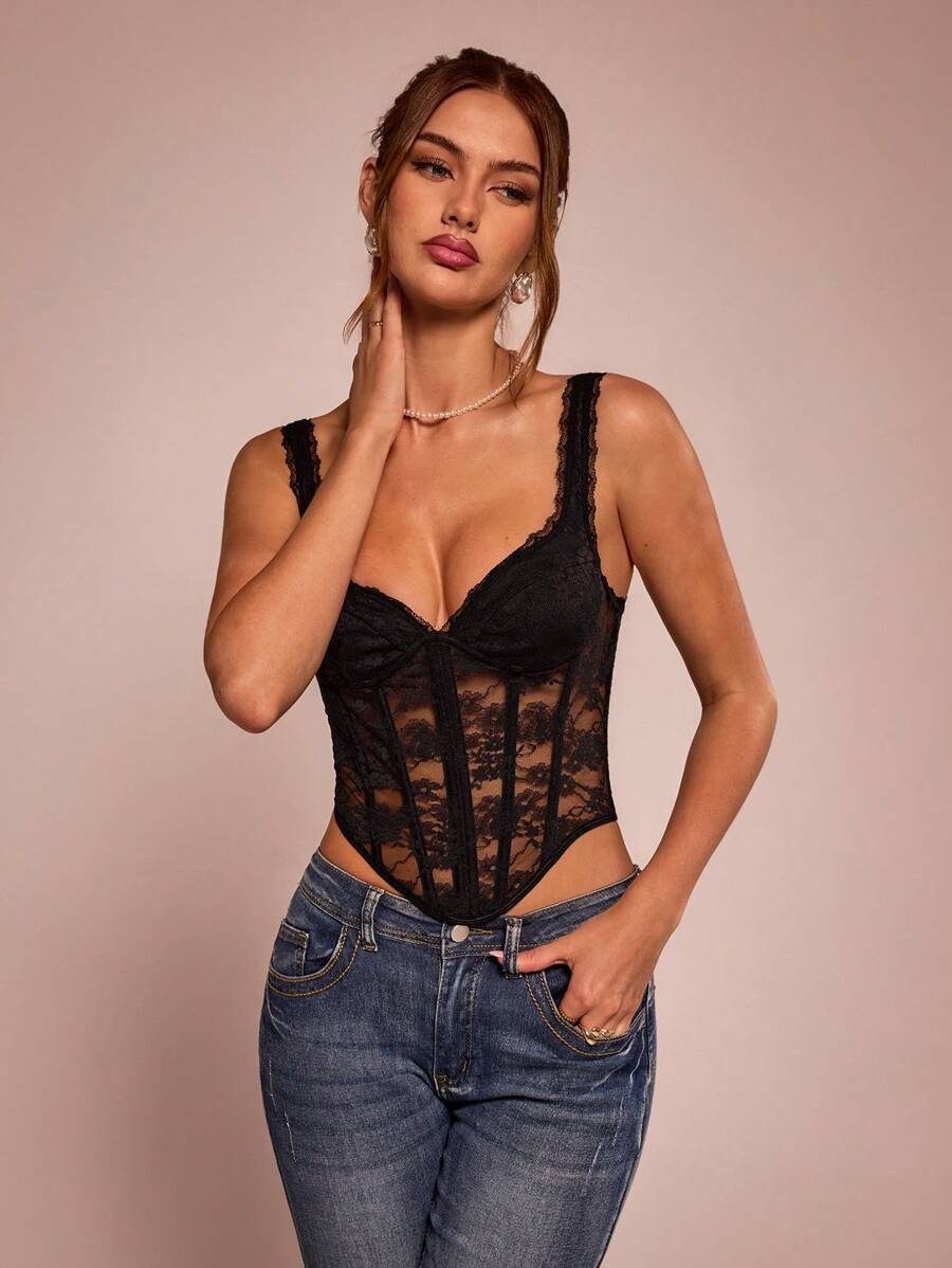SHEIN BAE Fancy Lace Patchwork Corset Seam And Asymmetrical Hemline Cami Top