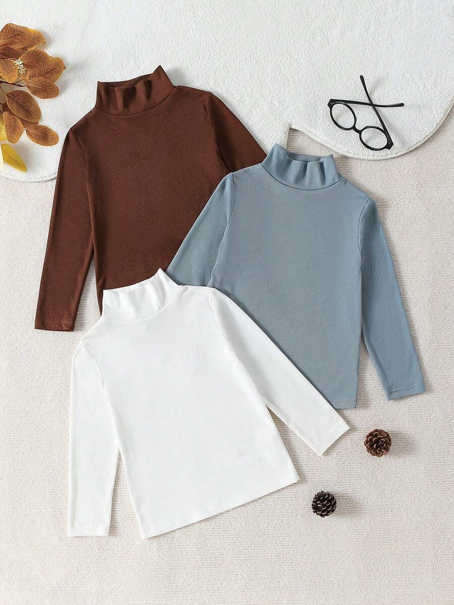 2pcs Girls Stand Collar Solid Color Ribbed Knit Top + Fashionable Versatile Casual Stand Collar Long Sleeve T-Shirt, Autumn/Winter