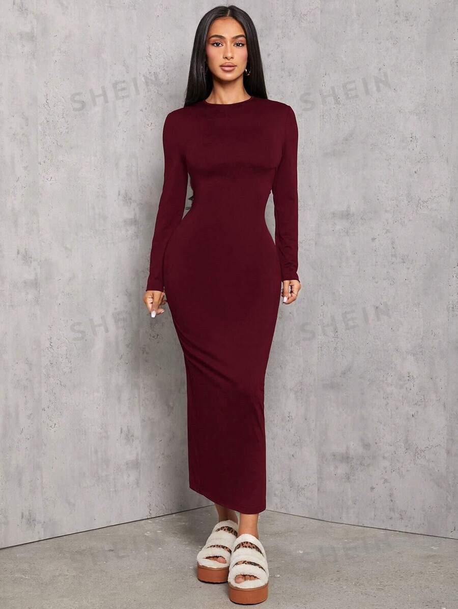 SHEIN PETITE Vestido de manga larga de unicolor negro con pliegues en la cintura
