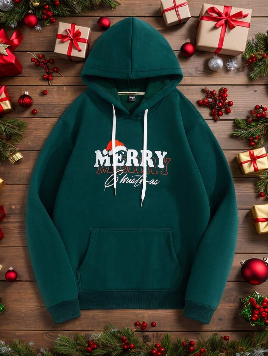 Manfinity Hypemode Men's Letter Print Pocket Christmas Hoodie Sweatshirt, Casual Pullover Graphic Long Sleeve Hoodie, For Friends, Husband, Boyfriend Gifts