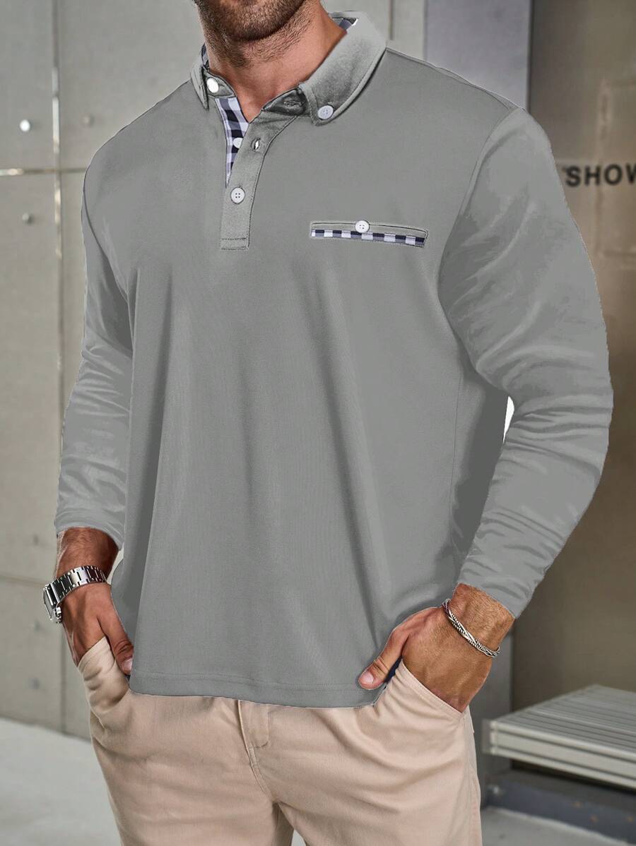 Manfinity Mode Camisa polo informal de manga larga a cuadros para hombre de talla grande, otoñal