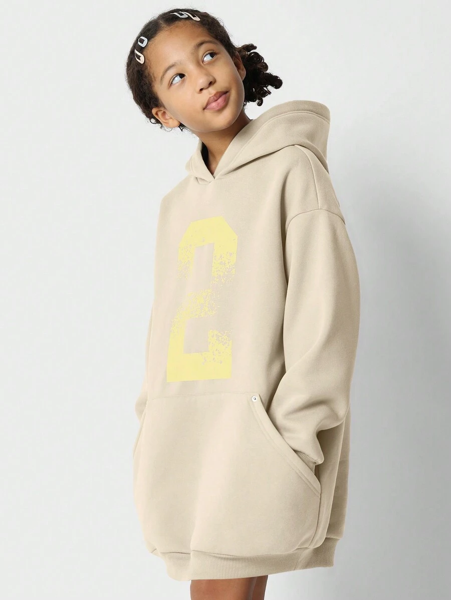 SUMWON Oversized Number 2 Print Hoodie Dress Long Comfortable Sweatshirt Athletic Fall Winter Sporty Casual Youth Club Style Streetwear