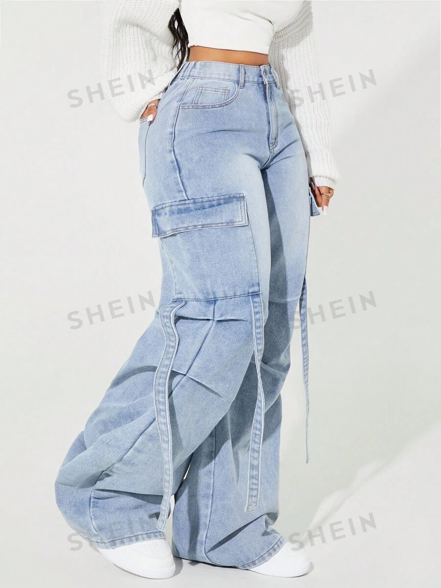 SHEIN SXY Jeans casuales con bolsillos, cierre con botones y cordón para mujer