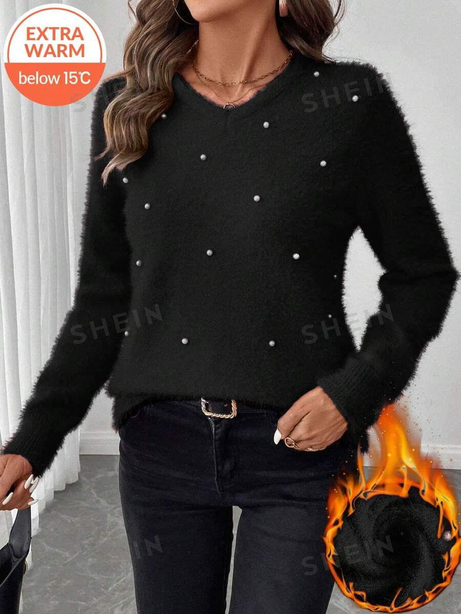 SHEIN LUNE Suéter de punto esponjoso decorado con strass, casual para otoño/invierno