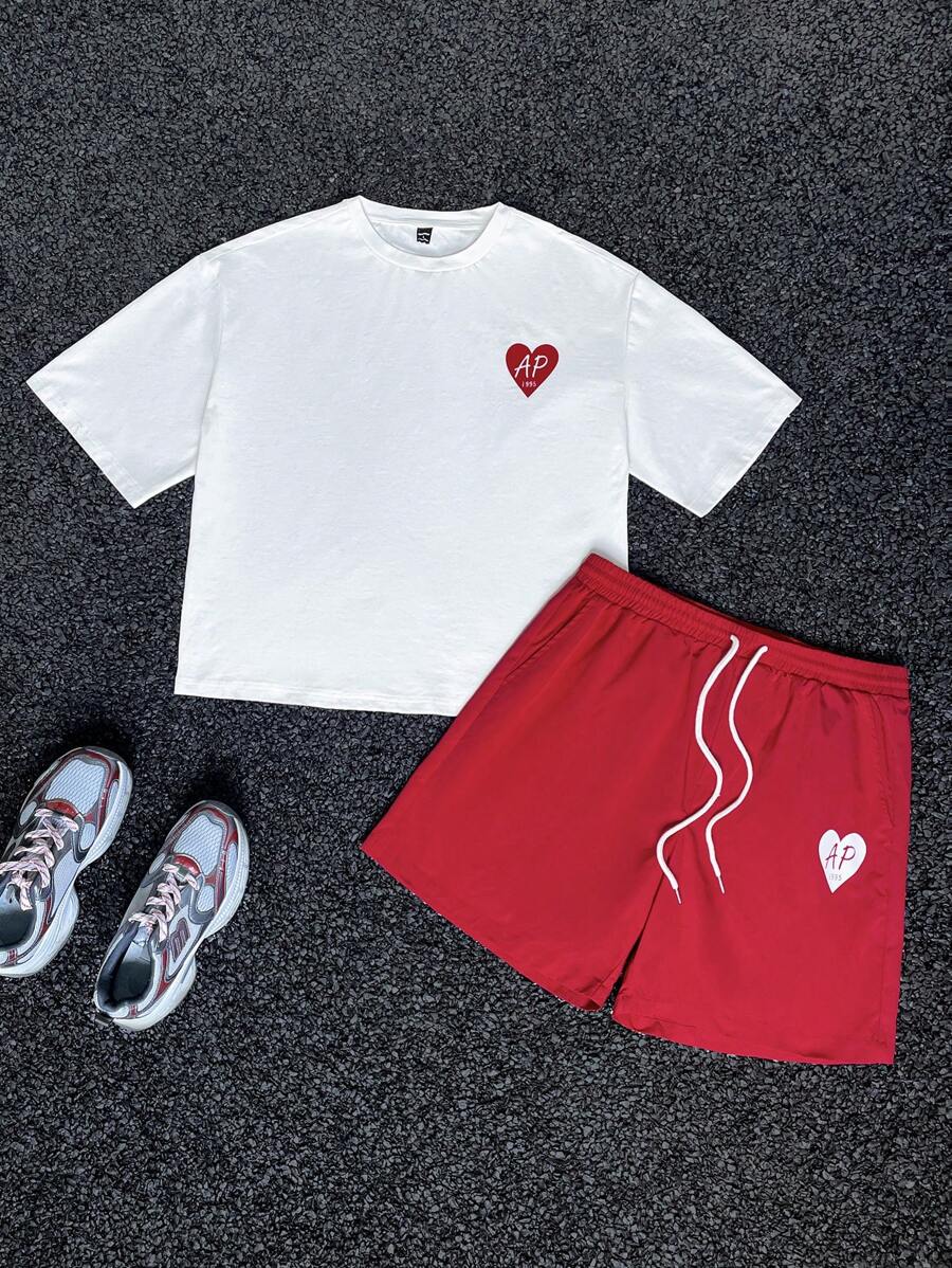 Manfinity VCAY Men's Loose Heart Print Crew Neck Short Sleeve T-Shirt Set, Suitable For Summer
