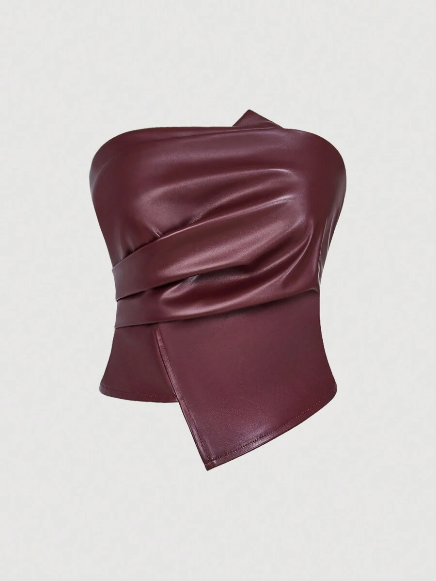 Firerie Nueva blusa asimétrica ajustada de piel sintética color vino tinto, elegante para primavera/verano, apta para la vida diaria, ir al trabajo, citas, fiestas, Día de San Valentín