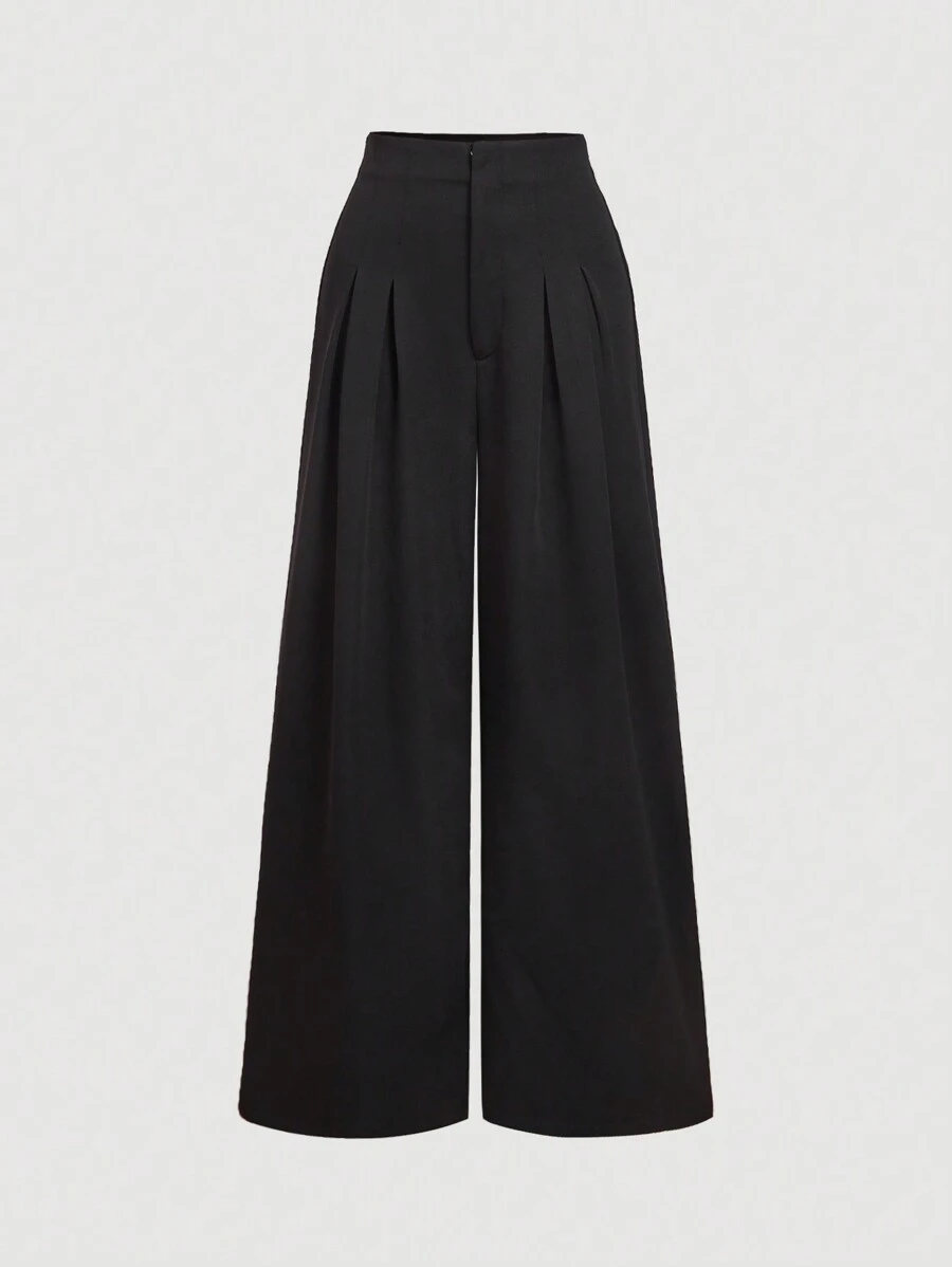 SHEIN MOD Women's High Waist Pleated Cinched Waist Black Wide Leg Pants,Party,Street,Goth,Preppy,Elegant,Party,Office Pants Women,New Years Women Outfits,New Years Eve Attire,Business Casual,Old Money Style,Academia,Work Clothes Women,Valentine Clothes Women