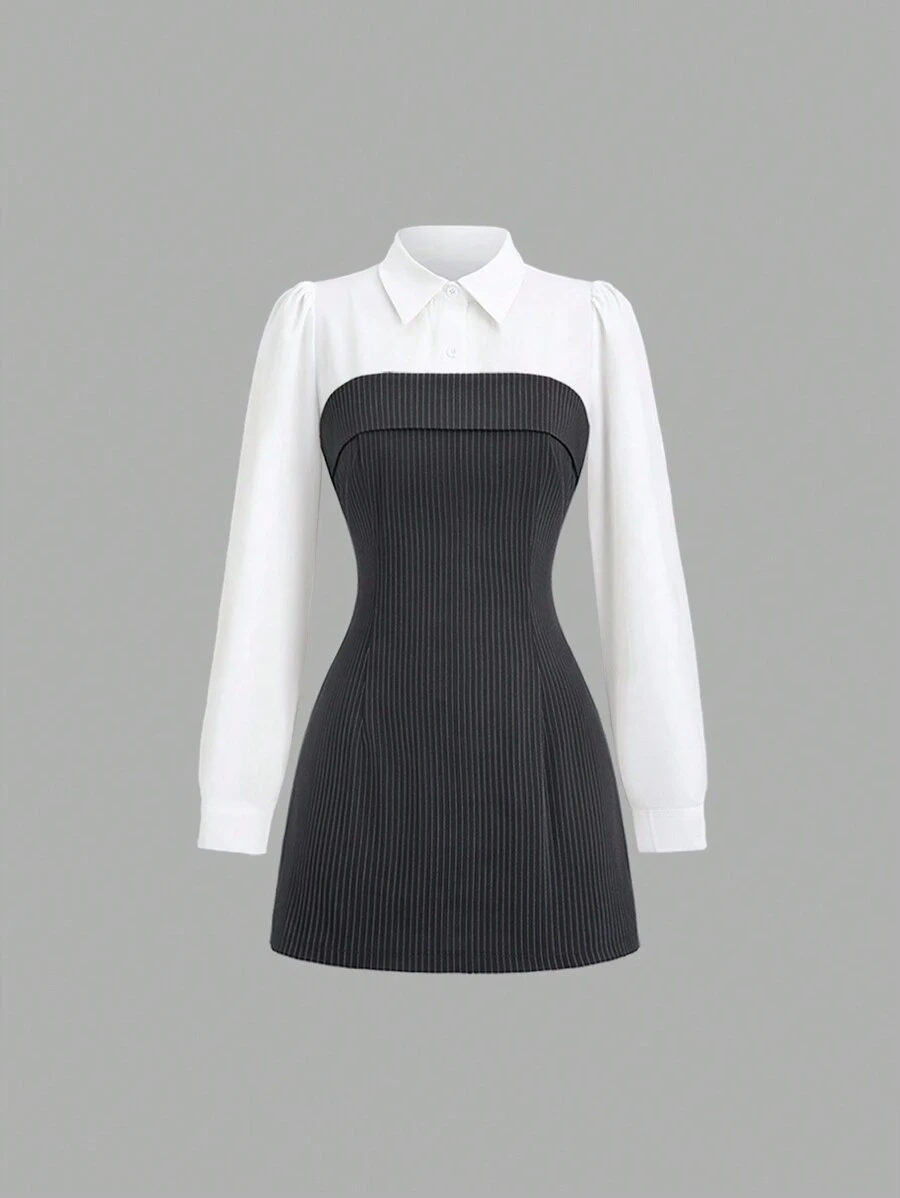 Sweetra Women's Elegant Solid Color Puff Sleeve Shirt And Striped Camisole Dress Two-Piece Set, Autumn