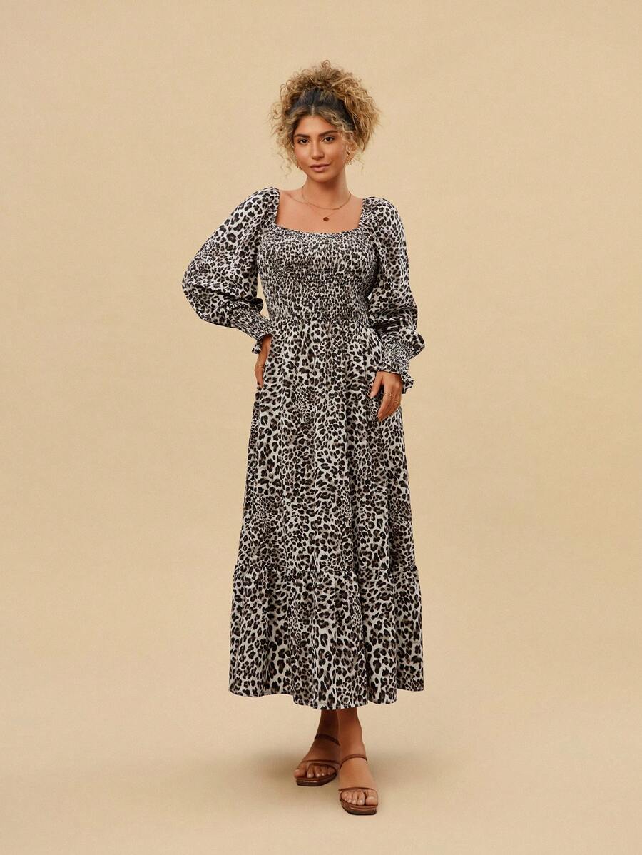 SHEIN VCAY Plus Size Square Neck Leopard Print Waist Fit Vacation Dress