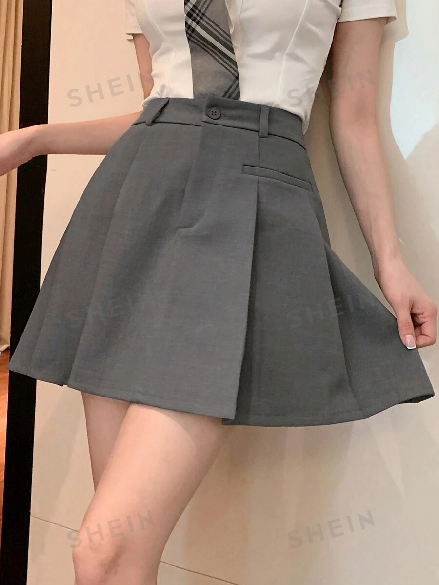 DAZY Falda gris de línea A, con pliegues, bolsillo delantero y botones para mujer