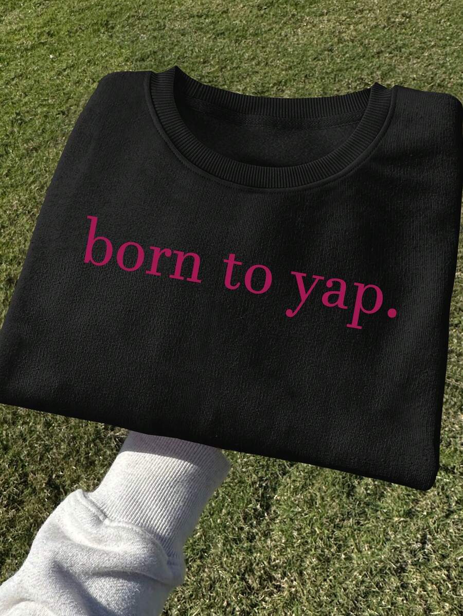 INAWLY Women Casual Slogan Graphic Fleece Sweatshirt, Black, Autumn/Winter,Long Sleeve Tops