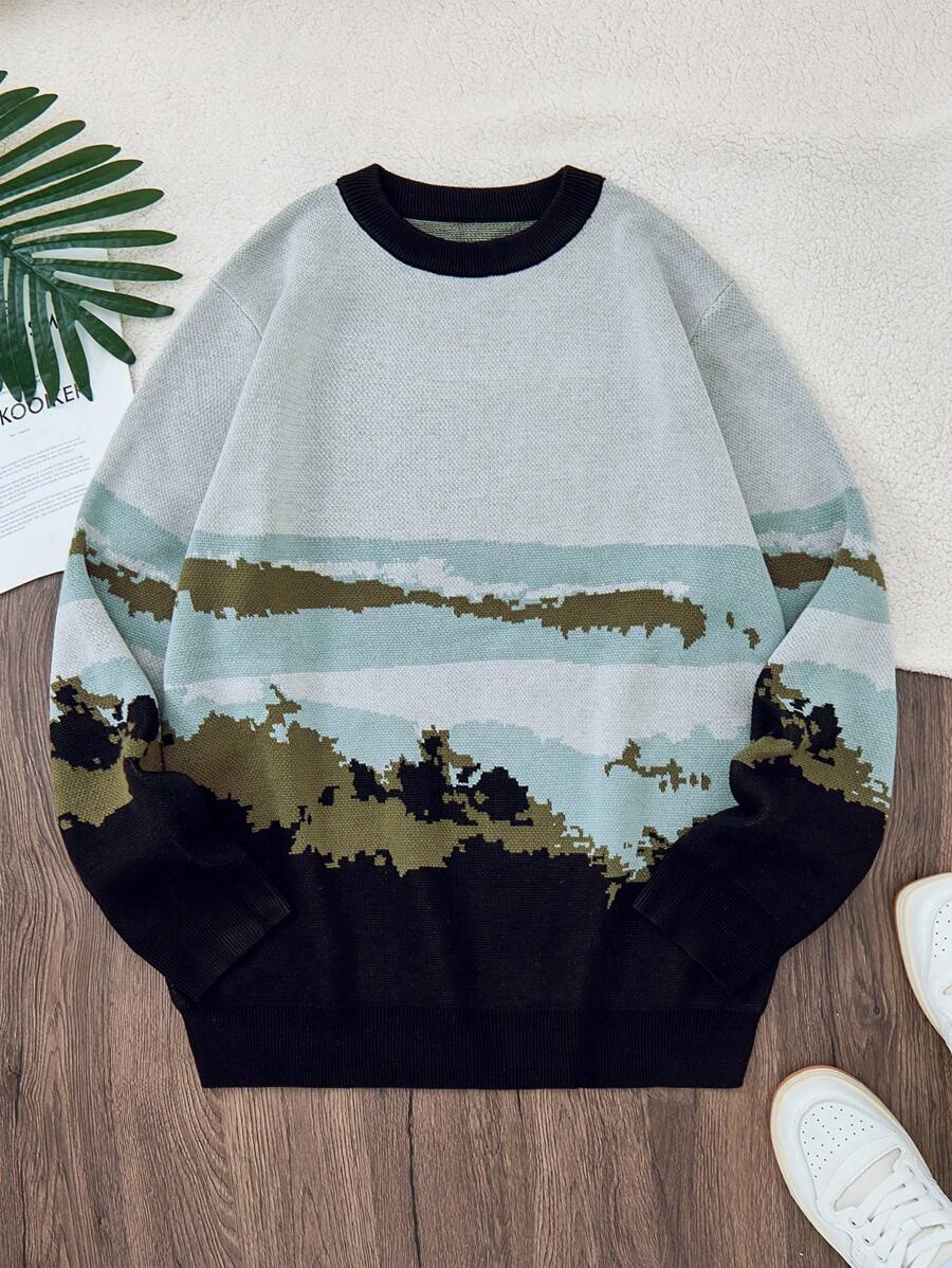 Men's Casual Crew Neck Long Sleeve Gray Sweater With Nature Landscape Print, Simple And Fresh Design
