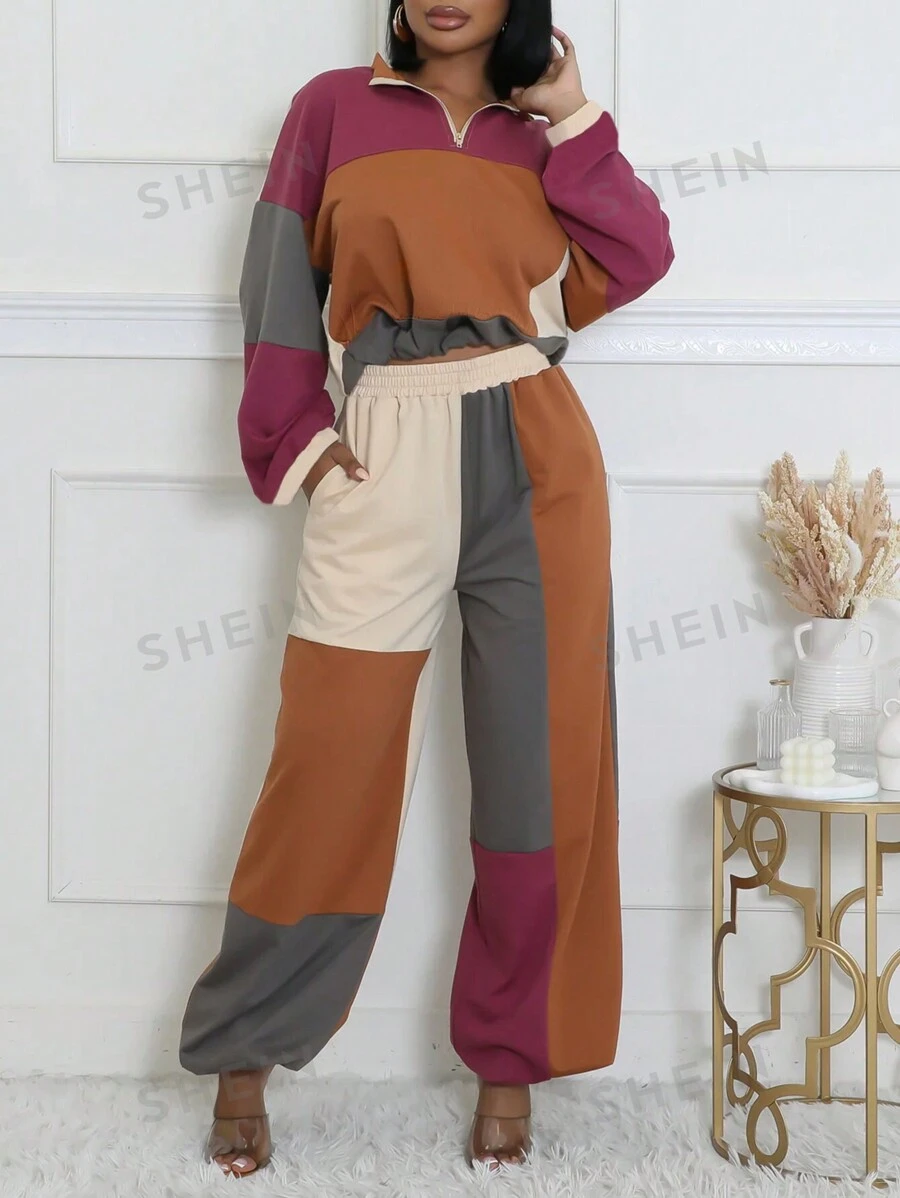SHEIN Slayr 2 piezas Conjunto de top con cremallera de manga larga y pantalones largos de unicolor, informal