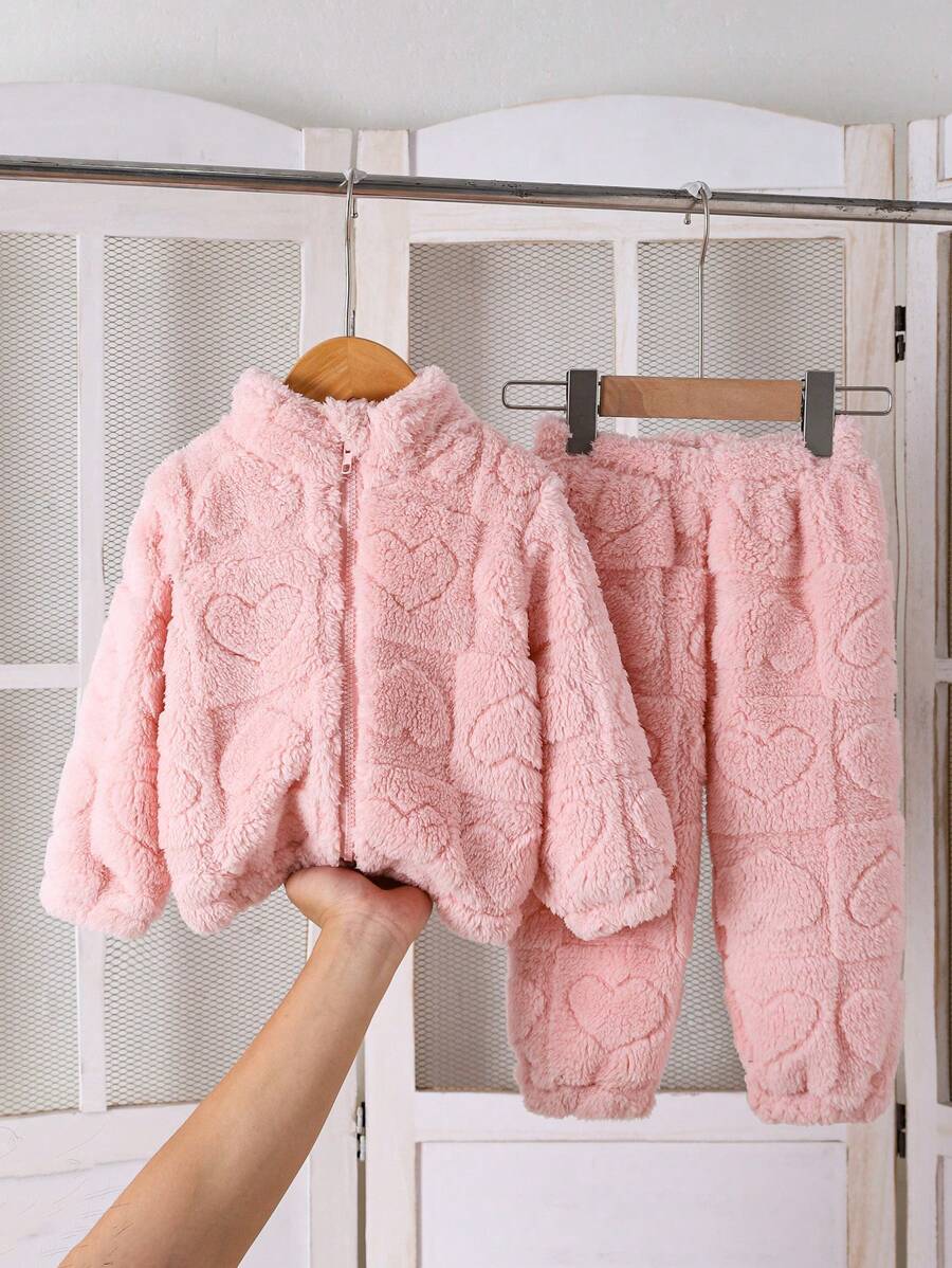2pcs Baby Girls' Casual Heart-Checkered Fleece Jacket & Pants Set, Warm Winter Outfit With Cuffed Sleeve & Legs For Outdoor