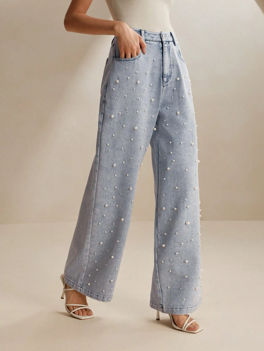 Anewsta Modieuze en elegante commuter parel versierde denim rechte broek, damesoutfit voor nieuwjaar en Kerstmis