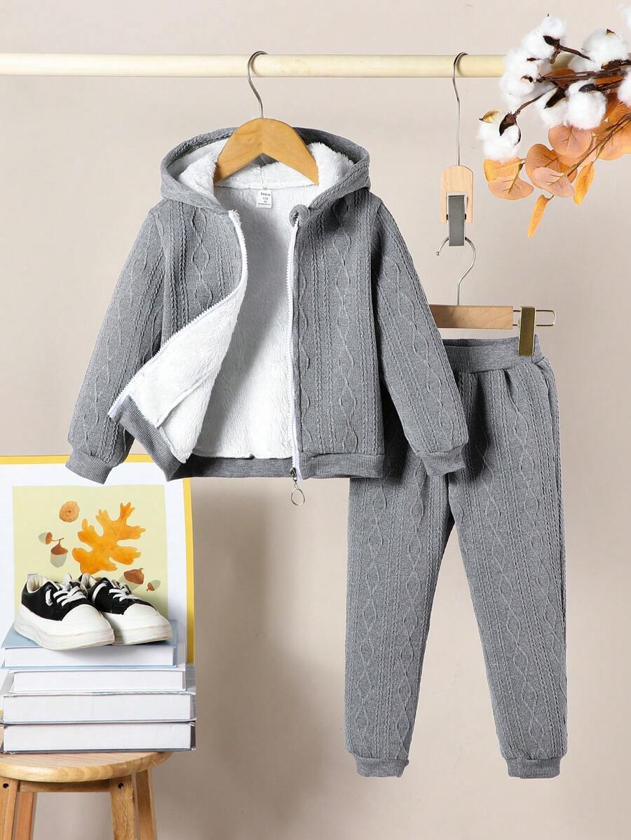 SHEIN Set de 2 piezas de chaqueta de punto de jacquard y pantalones casuales para niña, para primavera/otoño