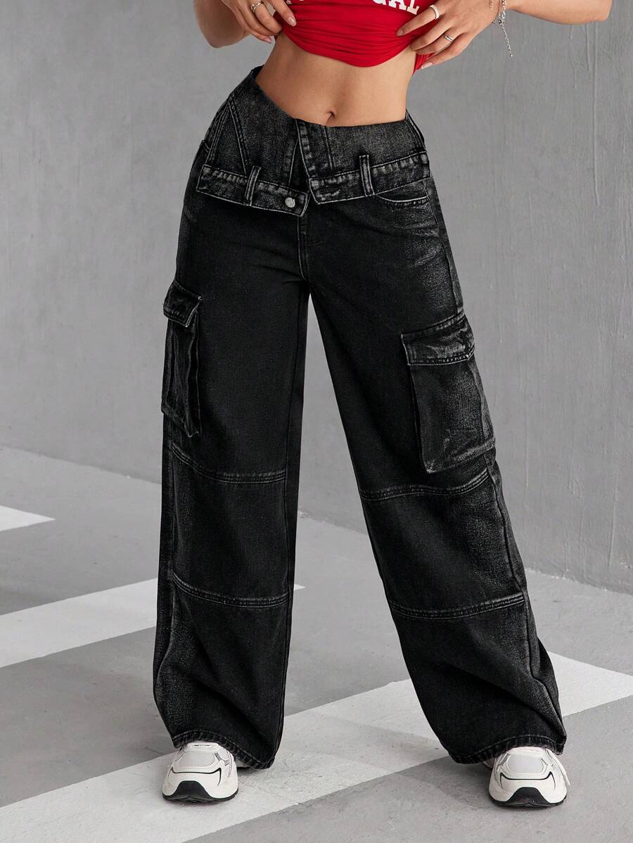 SHEIN EZwear Jeans casuales de cintura alta con bolsillos plegables y pierna ancha para mujeres