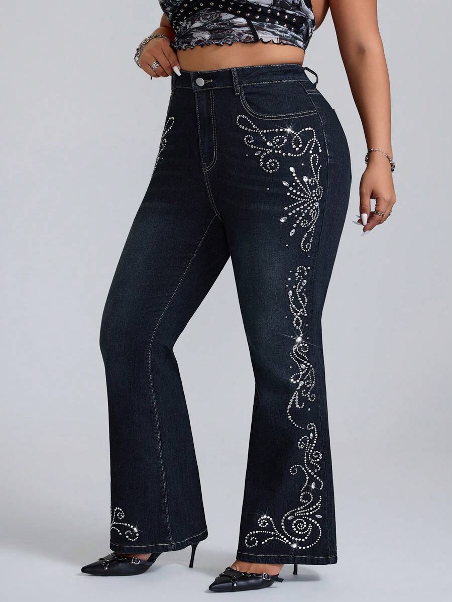 SHEIN ICON Plus Size Rhinestone Floral Print Stretch Denim Flare Pants