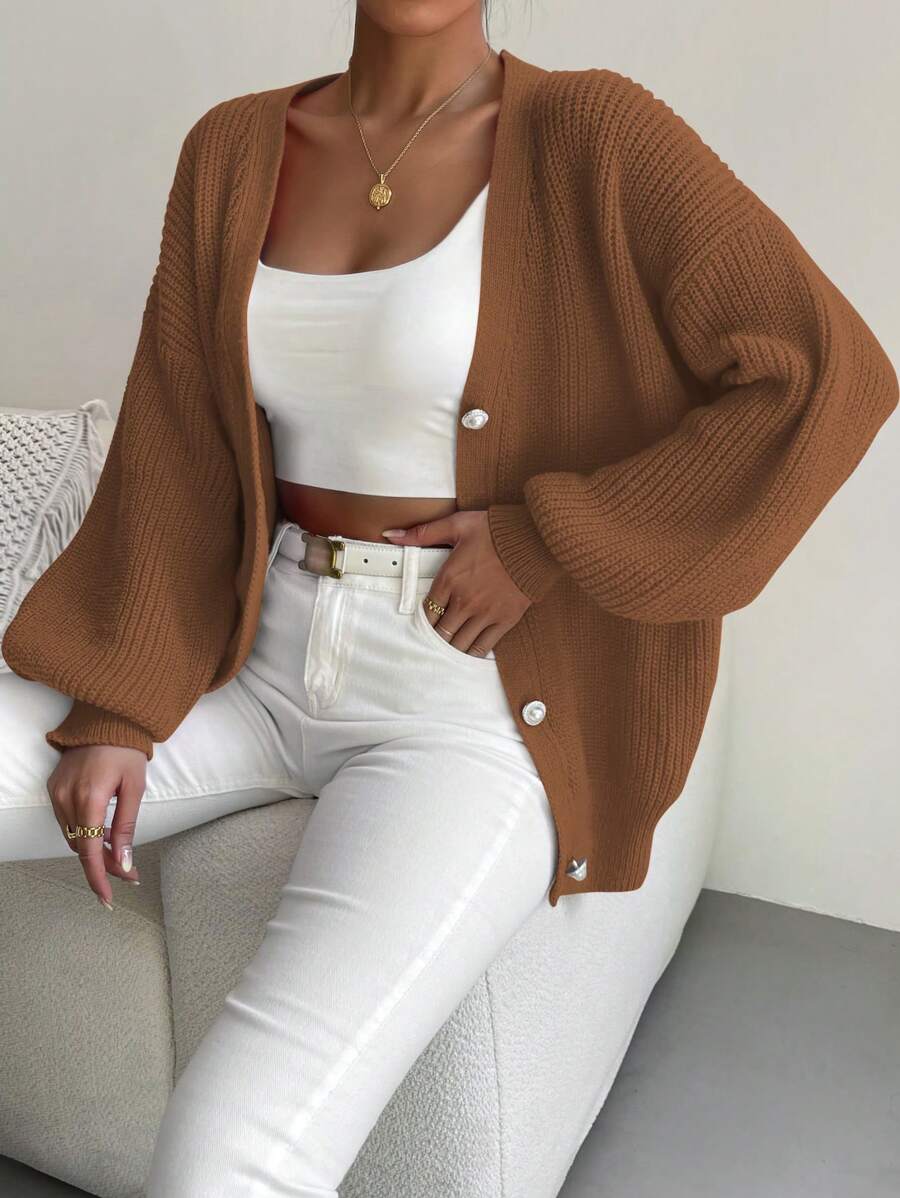 Chiquease Cárdigan informal de color liso con mangas farol, para otoño/invierno