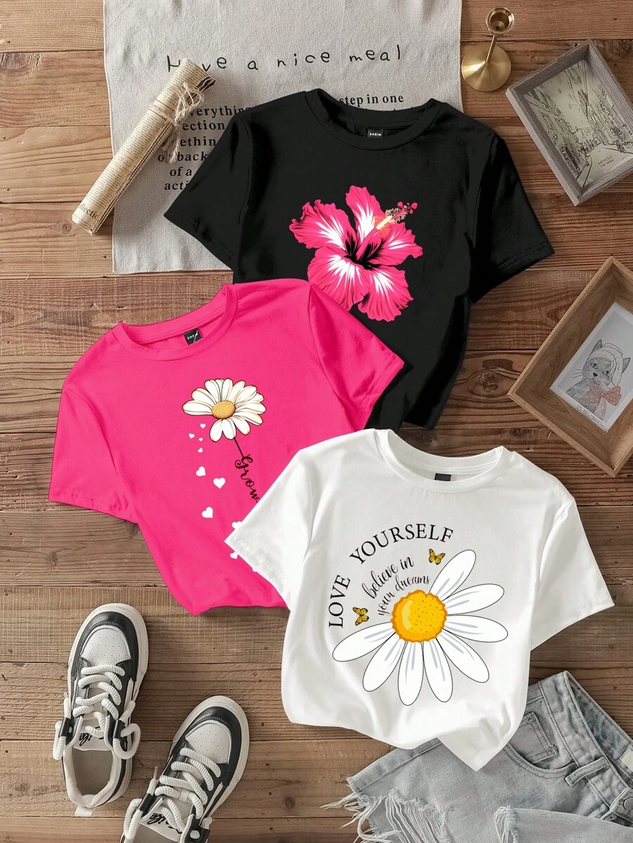 SHEIN EZwear 3 stuks/set casual minimalistische bloemenpatroon ronde hals korte mouwen getailleerde cropped dames T-shirts, zomer