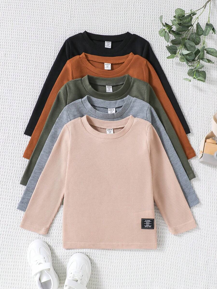 SHEIN Camisetas de manga larga para niñas pequeñas, de unicolor, en múltiples paquetes, con cuello redondo y detalles de estampado en inglés, aptas para uso casual diario