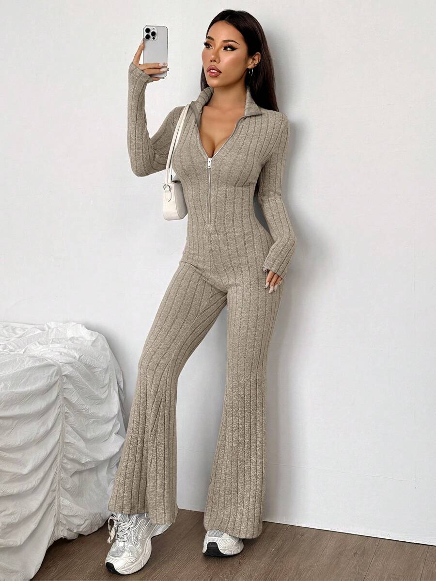 SHEIN EZwear Dames jumpsuit met lange mouwen, rits aan de voorkant en kraag, casual