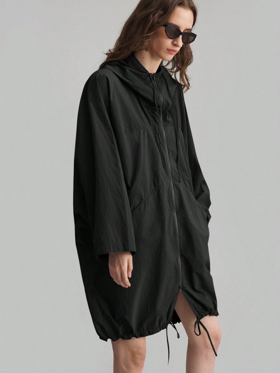 Ontre Stockholm Style, Teacher Outfits For Women,Fall Women Clothes,Women's Hooded Thin Lightweight Windbreaker Jacket, Oversized O-Shaped Design With Pockets, Casual Black Outdoor Ladies Coat, New Spring Collection 2025, Hooded Zip-Up Drawstring Hem