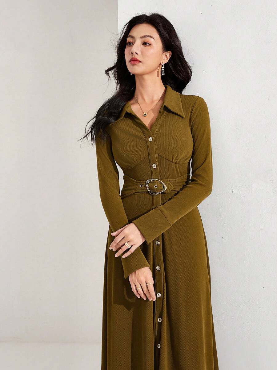 Heiryn Dames effen kleur voorkant knopen lange mouwen casual lange jurk