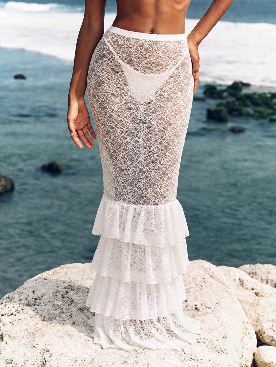 Opulessa Plain Knitted Lace Multilayer Ruffle Hem Women's Skirt