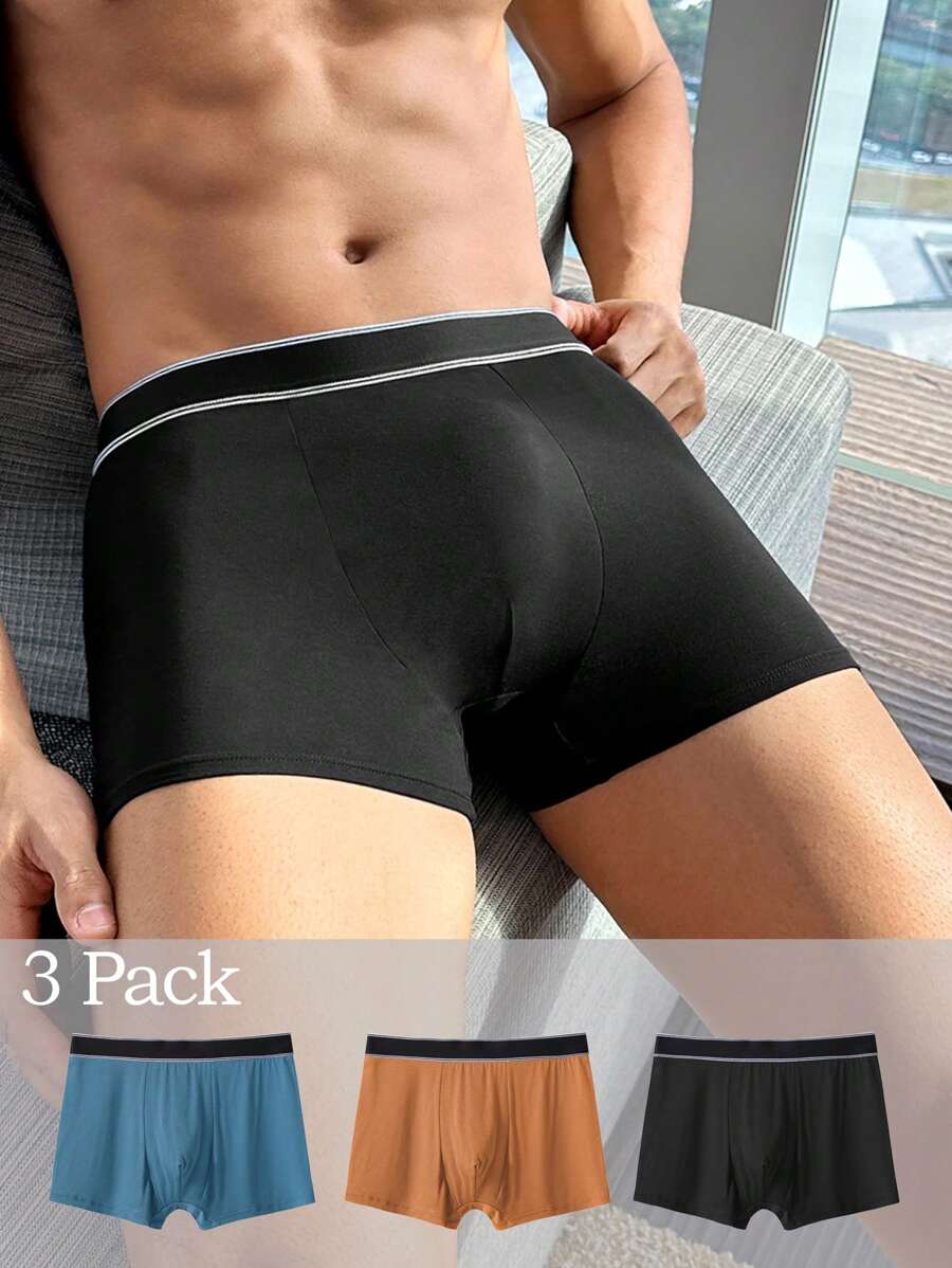 3pcs Men Solid Color Patchwork Minimalist Boxer Briefs, Casual Daily Wear