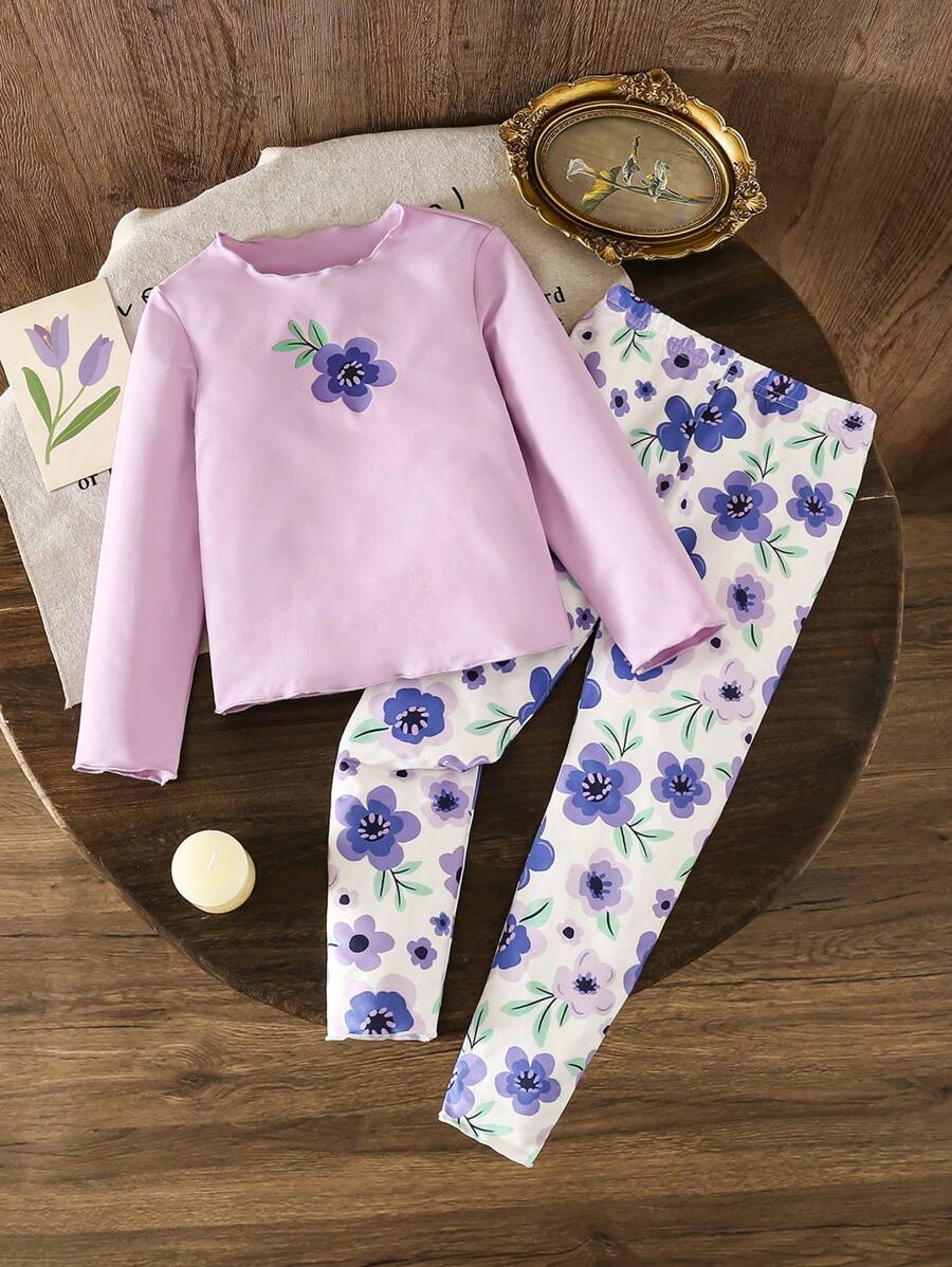SHEIN LMoss Kids LMoss Young Girls & Young Girl Casual Matching Purple Floral Print Round Neck Long Sleeve Pullover T-Shirt & Solid Color Leggings, Suitable For Walking/Sports/Back To School & Everyday Casual Wear, Casual Outfit, Great For Casual & Daily Wear & School Daily In Spring And Autumn,Mom And Daughter Matching,Sister And Me Matching