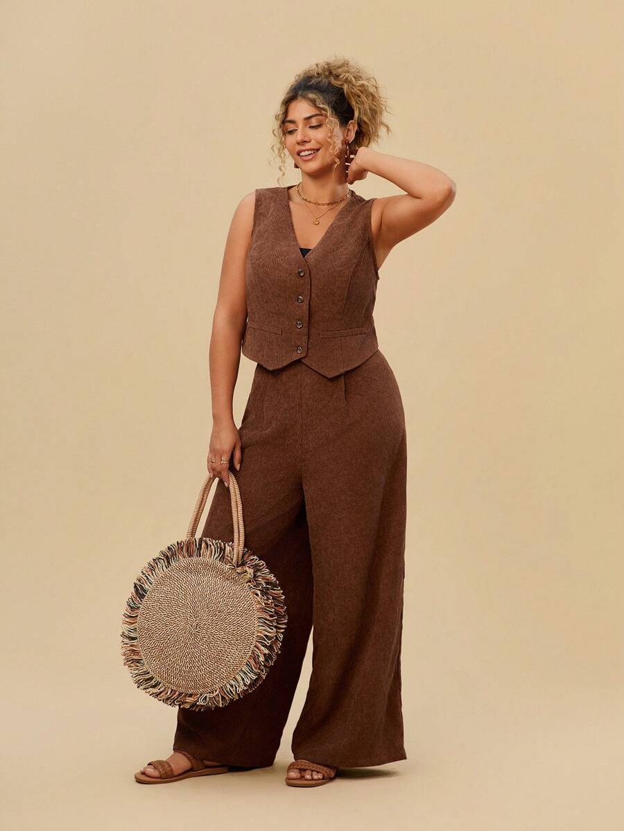 Travachic Plus Size 2pcs/Set Vest Cardigan And Wide Leg Pants Outfit