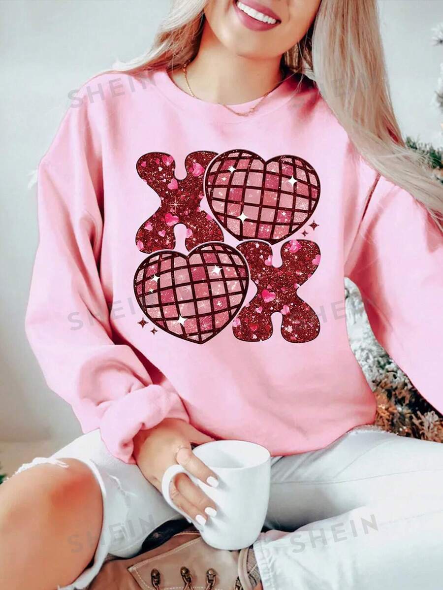 Flirla Sudadera casual con cuello redondo, manga larga y forro térmico con estampado de corazón, talla grande, adecuada para el Día de San Valentín, otoño/invierno