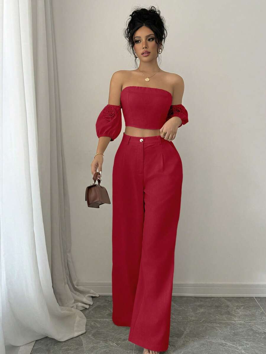 Elenzga 2pcs/Set Elegant Solid Color Off-Shoulder Cropped Top And Long Pants For New Year Clothes