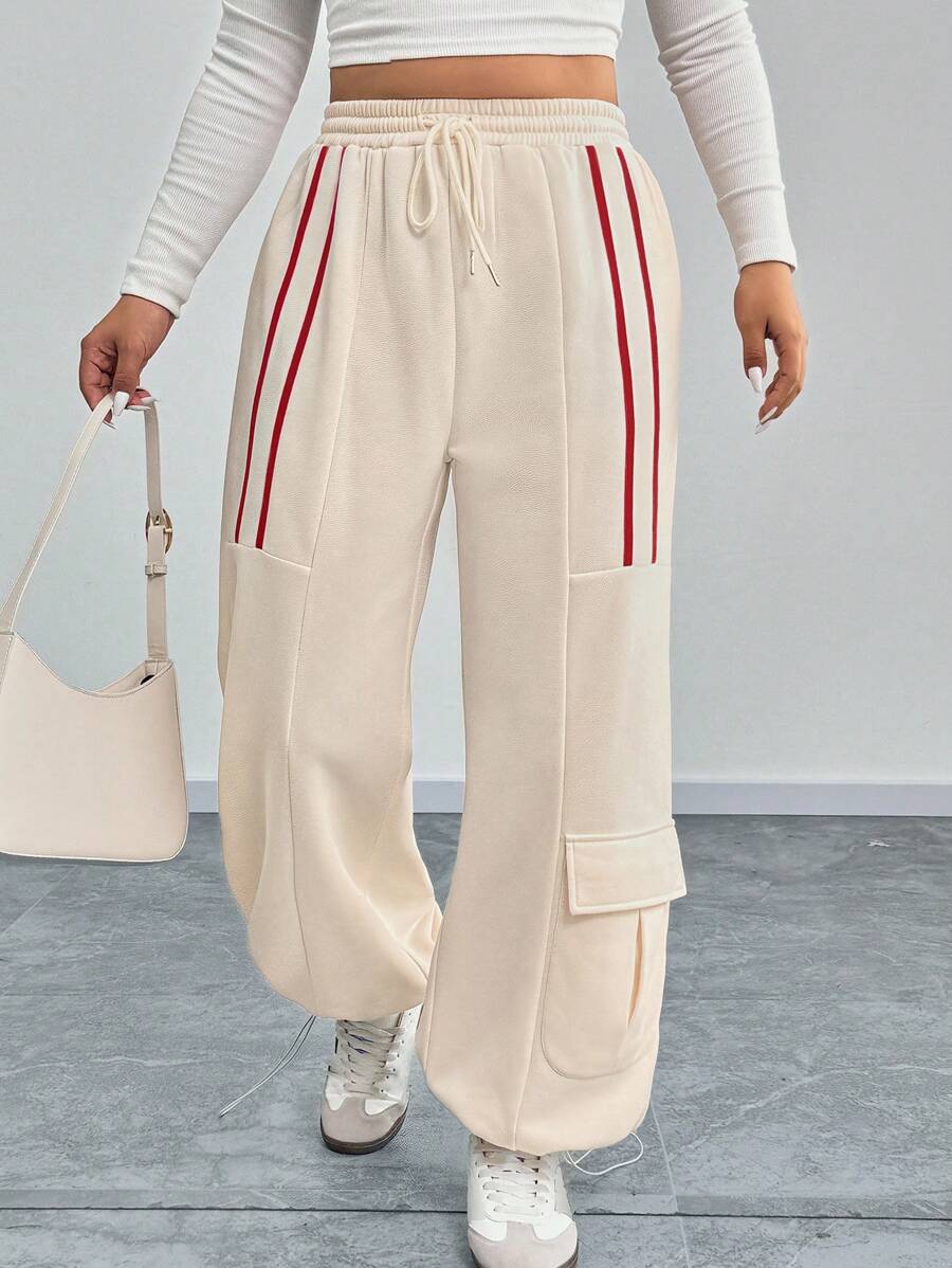 Calvaya Plus Size Effen Kleur Losse Casual Taille Trekkoord Patchwork Gestreepte Cargo Joggingbroek