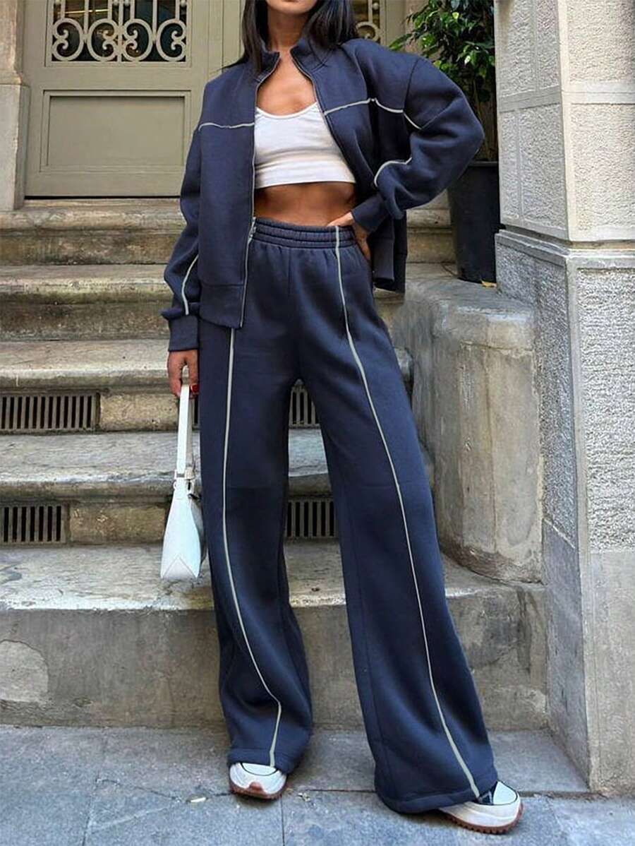 INAWLY Conjunto de dos piezas para mujer con sudadera de manga larga, cuello alto y cremallera, y pantalones rectos de cintura relajada con bolsillos, ambos de unicolor
