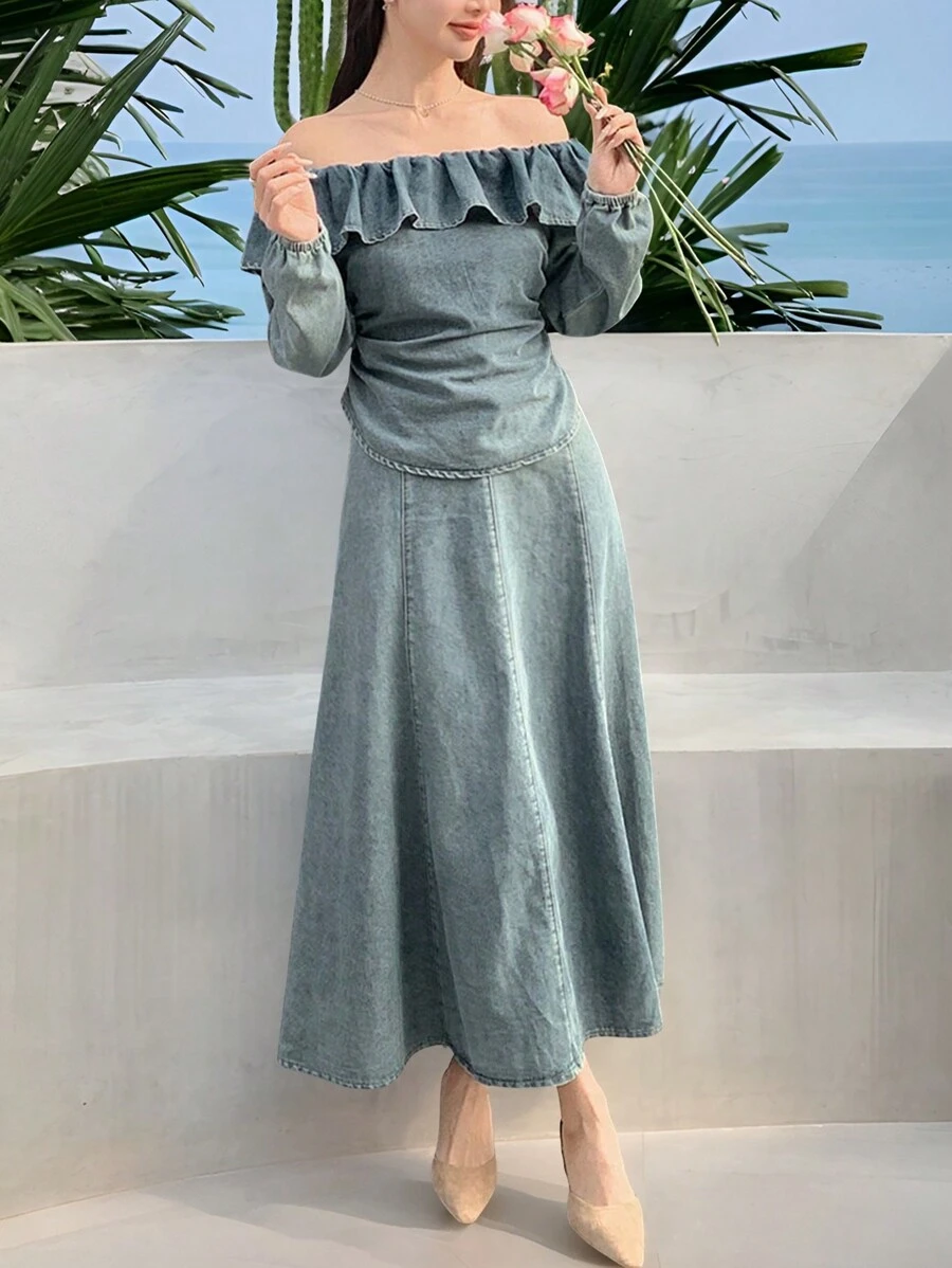 DAZY Women Elegant Off Shoulder Ruffle Top & Denim Skirt 2 Pieces Outfit, Suitable For Autumn