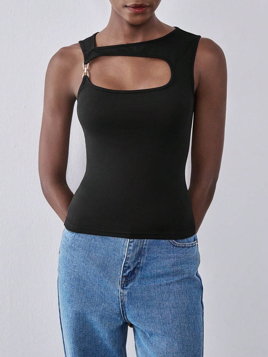 Lumivelle 1pc Black Hollow Out Sexy Ladies Tank Top, 1pc Black Knit Elastic Women Tank Top
