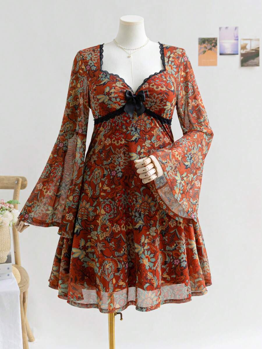 Soleia Blusa con cuello en V, mangas de campana de malla y lazo en talla grande para mujer, con estampado floral vintage en rojo y marrón