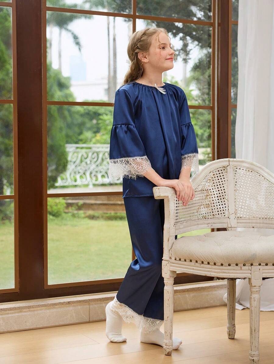 SHEIN Tween Girls Silky Satin Royal Blue Splice Floral Cuff Modest Palazzo Pajamas Set, Casual Sleepwear