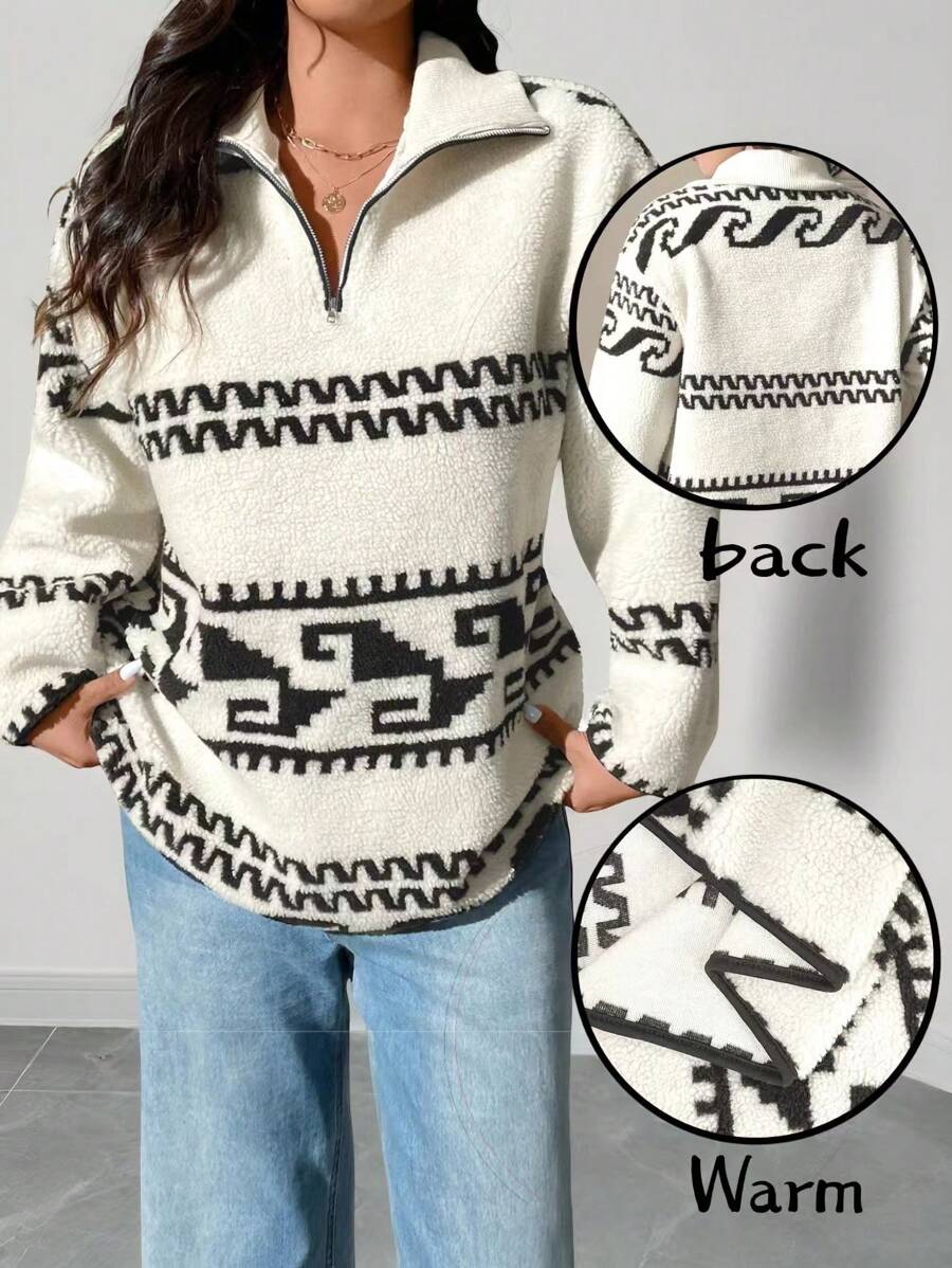 Calvaya Plus Size Long Sleeve Turtleneck Zip-Up Printed Warm Thick Hoodie With Pockets, For Winter