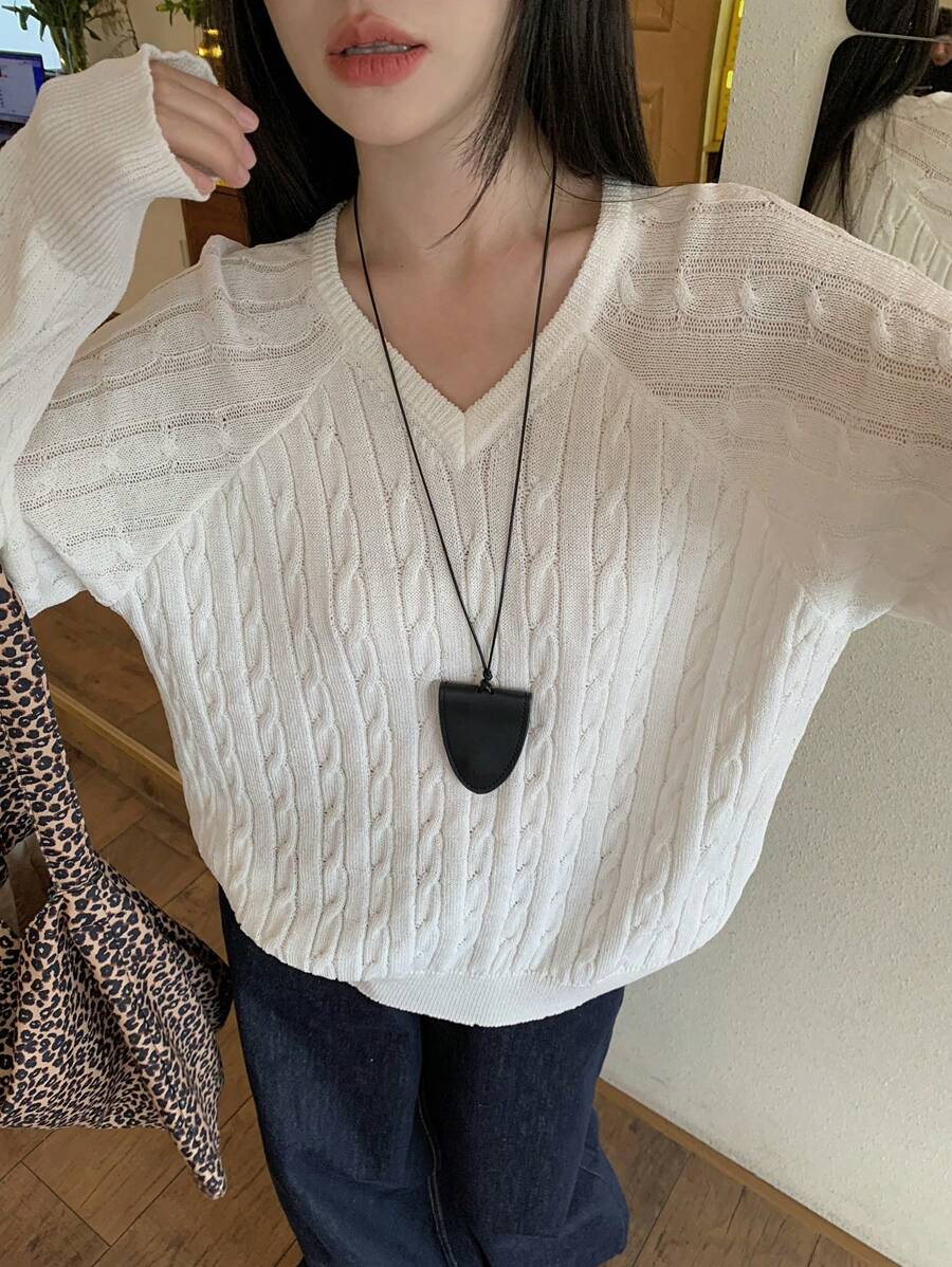 DAZY Suéter holgado de manga larga, cuello en V, de unicolor, casual para mujer