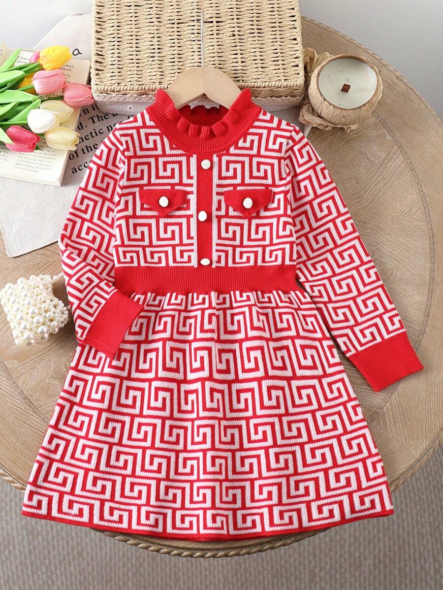 SHEIN Vestido de suéter de cuello redondo de manga larga con volantes y estampado geométrico, adecuado para salir, fiesta, otoño/invierno
