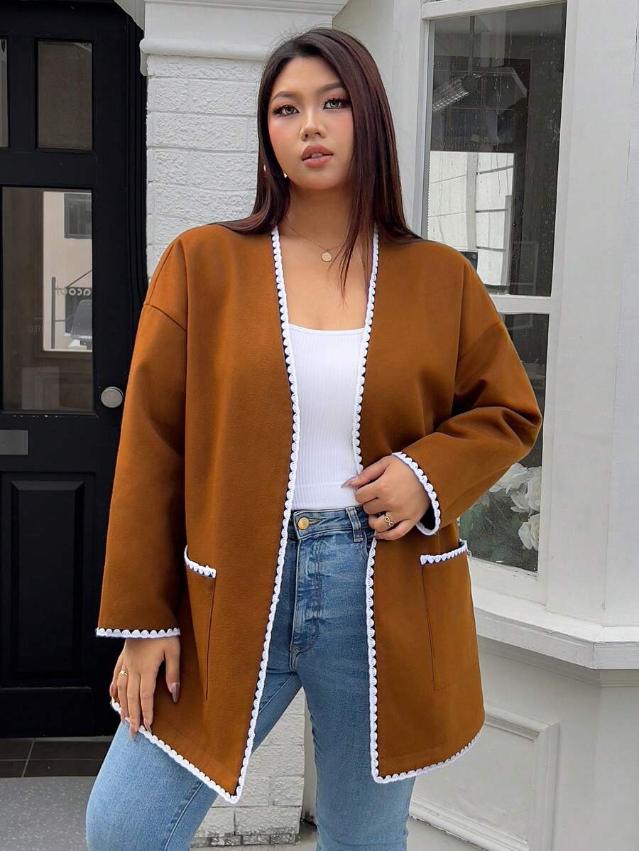 INAWLY Plus Size Women Contrast Color Block Vintage Soft Jacket, Autumn/Winter